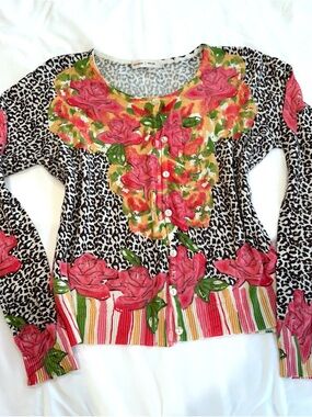 Floral Rose & Leopard Boutique Button-Front Cardigan - Pink/Black
